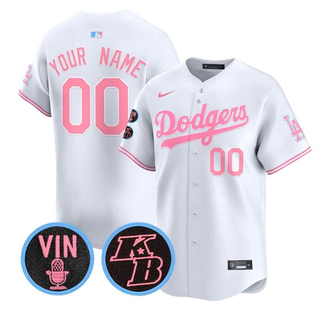 Men's Los Angeles Dodgers ACTIVE PLAYER Custom White/Pink With Vin & Kobe Patch Limited Stitched Baseball Jersey Men's Los Angeles Dodgers ACTIVE PLAYER Custom White/Pink With Vin & Kobe Patch Limited Stitched Baseball Jersey